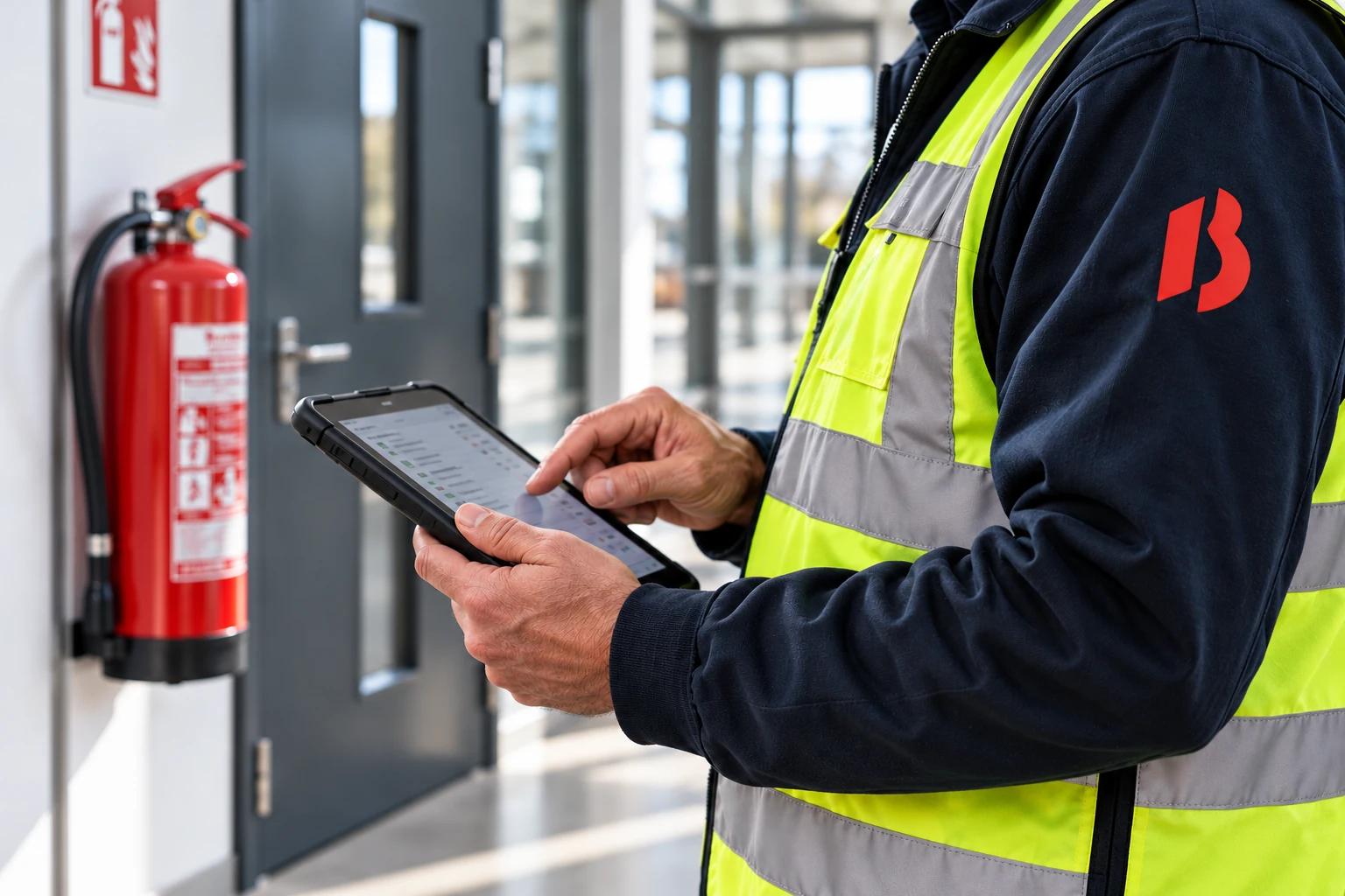 Brandschutzmitarbeiter erfasst Beobachtungen auf einem Tablet