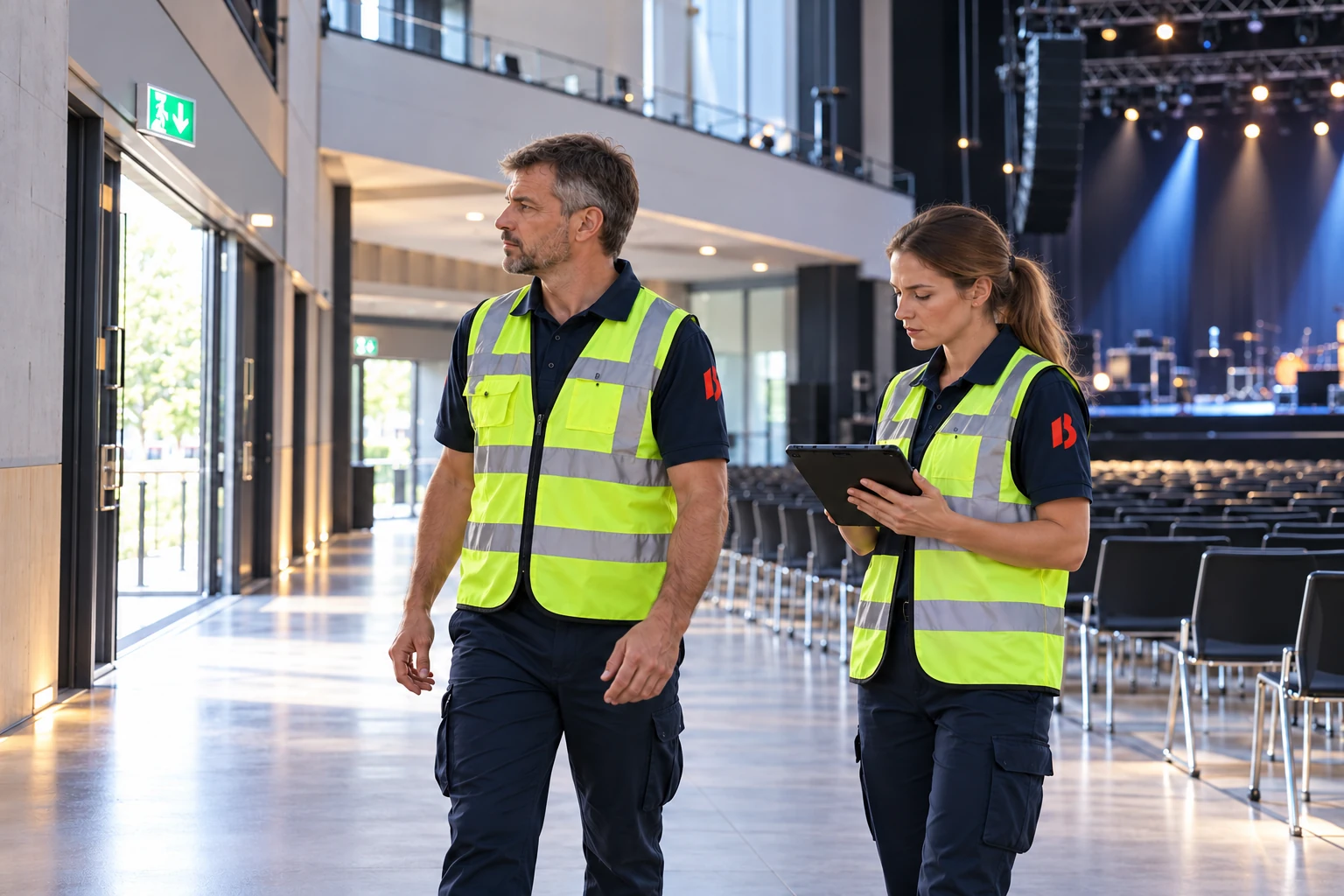 Brandschutzteam kontrolliert einen Veranstaltungssaal vor dem Einlass