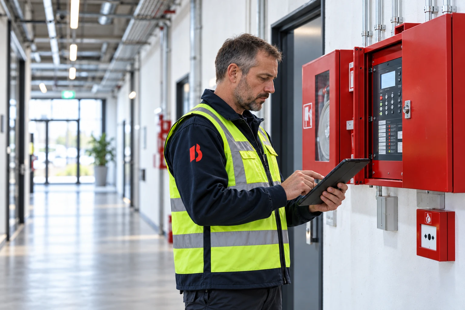 Brandwache dokumentiert eine Kontrolle an einer Brandmeldeanlage